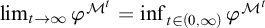 limit Underscript t right arrow infinity Endscripts phi Superscript upper M Super Superscript t Baseline equals inf Underscript t element of left parenthesis 0 comma infinity right parenthesis Endscripts phi Superscript upper M Super Superscript t