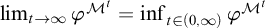 limit Underscript t right arrow infinity Endscripts phi Superscript upper M Super Superscript t Baseline equals inf Underscript t element of left parenthesis 0 comma infinity right parenthesis Endscripts phi Superscript upper M Super Superscript t