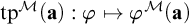 backslash operatorname t p Superscript script upper M Baseline left parenthesis bold a right parenthesis colon phi right arrow from bar phi Superscript script upper M Baseline left parenthesis bold a right parenthesis