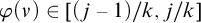 phi left parenthesis nu right parenthesis element of left parenthesis j minus 1 right parenthesis divided by k comma j divided by k