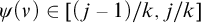psi left parenthesis nu right parenthesis element of left parenthesis j minus 1 right parenthesis divided by k comma j divided by k