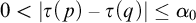 0 less than StartAbsoluteValue tau left parenthesis p right parenthesis minus tau left parenthesis q right parenthesis EndAbsoluteValue less than or equals alpha 0