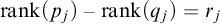 backslash operatorname r a n k left parenthesis p Subscript j Baseline right parenthesis minus backslash operatorname r a n k left parenthesis q Subscript j Baseline right parenthesis equals r Subscript j