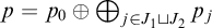 p equals p 0 circled plus backslash leftoplus Subscript j element of upper J 1 square cup upper J 2 Baseline p Subscript j