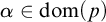alpha element of d o m left parenthesis p right parenthesis