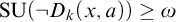 backslash operatorname upper S upper U left parenthesis not upper D Subscript k Baseline left parenthesis x comma a right parenthesis right parenthesis greater than or equals omega
