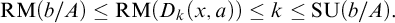 backslash operatorname upper R upper M left parenthesis b divided by upper A right parenthesis less than or equals backslash operatorname upper R upper M left parenthesis upper D Subscript k Baseline left parenthesis x comma a right parenthesis right parenthesis less than or equals k less than or equals backslash operatorname upper S upper U left parenthesis b divided by upper A right parenthesis period