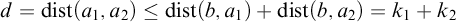 d equals backslash operatorname d i s t left parenthesis a 1 comma a 2 right parenthesis less than or equals backslash operatorname d i s t left parenthesis b comma a 1 right parenthesis plus backslash operatorname d i s t left parenthesis b comma a 2 right parenthesis equals k 1 plus k 2