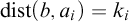 backslash operatorname d i s t left parenthesis b comma a Subscript i Baseline right parenthesis equals k Subscript i