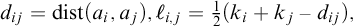 d Subscript i j Baseline equals backslash operatorname d i s t left parenthesis a Subscript i Baseline comma a Subscript j Baseline right parenthesis comma script l Subscript i comma j Baseline equals one half left parenthesis k Subscript i Baseline plus k Subscript j Baseline minus d Subscript i j Baseline right parenthesis comma