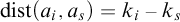 backslash operatorname d i s t left parenthesis a Subscript i Baseline comma a Subscript s Baseline right parenthesis equals k Subscript i Baseline minus k Subscript s