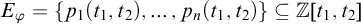 upper E Subscript phi Baseline equals StartSet p 1 left parenthesis t 1 comma t 2 right parenthesis comma midline horizontal ellipsis comma p Subscript n Baseline left parenthesis t 1 comma t 2 right parenthesis EndSet subset of or equal to double struck upper Z t 1 comma t 2