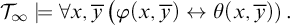 upper T Subscript infinity Baseline models for all x comma ModifyingAbove y With bar left parenthesis phi left parenthesis x comma ModifyingAbove y With bar right parenthesis left right arrow theta left parenthesis x comma ModifyingAbove y With bar right parenthesis right parenthesis period