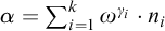 alpha equals sigma summation Underscript i equals 1 Overscript k Endscripts omega Superscript gamma Super Subscript i Baseline dot n Subscript i