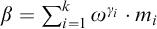 beta equals sigma summation Underscript i equals 1 Overscript k Endscripts omega Superscript gamma Super Subscript i Baseline dot m Subscript i