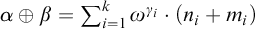 alpha circled plus beta equals sigma summation Underscript i equals 1 Overscript k Endscripts omega Superscript gamma Super Subscript i Baseline dot left parenthesis n Subscript i Baseline plus m Subscript i Baseline right parenthesis