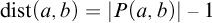 backslash operatorname d i s t left parenthesis a comma b right parenthesis equals StartAbsoluteValue upper P left parenthesis a comma b right parenthesis EndAbsoluteValue minus 1