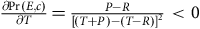 StartFraction partial differential normal upper P normal r left parenthesis upper E comma c right parenthesis Over partial differential upper T EndFraction equals StartFraction upper P minus upper R Over left bracket left parenthesis upper T plus upper P right parenthesis minus left parenthesis upper T minus upper R right parenthesis right bracket squared EndFraction less than 0