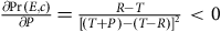 StartFraction partial differential normal upper P normal r left parenthesis upper E comma c right parenthesis Over partial differential upper P EndFraction equals StartFraction upper R minus upper T Over left bracket left parenthesis upper T plus upper P right parenthesis minus left parenthesis upper T minus upper R right parenthesis right bracket squared EndFraction less than 0