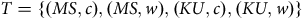 upper T equals StartSet left parenthesis upper M upper S comma c right parenthesis comma left parenthesis upper M upper S comma w right parenthesis comma left parenthesis upper K upper U comma c right parenthesis comma left parenthesis upper K upper U comma w right parenthesis EndSet