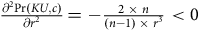 StartFraction partial differential squared normal upper P normal r left parenthesis upper K upper U comma c right parenthesis Over partial differential r squared EndFraction equals minus StartFraction 2 times n Over left parenthesis n minus 1 right parenthesis times r cubed EndFraction less than 0