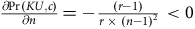 StartFraction partial differential normal upper P normal r left parenthesis upper K upper U comma c right parenthesis Over partial differential n EndFraction equals minus StartFraction left parenthesis r minus 1 right parenthesis Over r times left parenthesis n minus 1 right parenthesis squared EndFraction less than 0