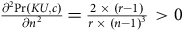 StartFraction partial differential squared normal upper P normal r left parenthesis upper K upper U comma c right parenthesis Over partial differential n squared EndFraction equals StartFraction 2 times left parenthesis r minus 1 right parenthesis Over r times left parenthesis n minus 1 right parenthesis cubed EndFraction greater than 0