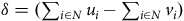 delta equals left parenthesis sigma summation Underscript i element of upper N Endscripts u Subscript i Baseline minus sigma summation Underscript i element of upper N Endscripts v Subscript i Baseline right parenthesis