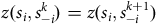 z left parenthesis s Subscript i Baseline comma s Subscript negative i Superscript k Baseline right parenthesis equals z left parenthesis s Subscript i Baseline comma s Subscript negative i Superscript k plus 1 Baseline right parenthesis