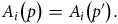 upper A Subscript i Baseline left parenthesis p right parenthesis equals upper A Subscript i Baseline left parenthesis p Superscript prime Baseline right parenthesis period
