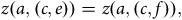 z left parenthesis a comma left parenthesis c comma e right parenthesis right parenthesis equals z left parenthesis a comma left parenthesis c comma f right parenthesis right parenthesis comma