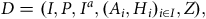 upper D equals left parenthesis upper I comma upper P comma upper I Superscript a Baseline comma left parenthesis upper A Subscript i Baseline comma upper H Subscript i Baseline right parenthesis Subscript i element of upper I Baseline comma upper Z right parenthesis comma