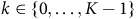 k element of StartSet 0 comma ellipsis comma upper K minus 1 EndSet