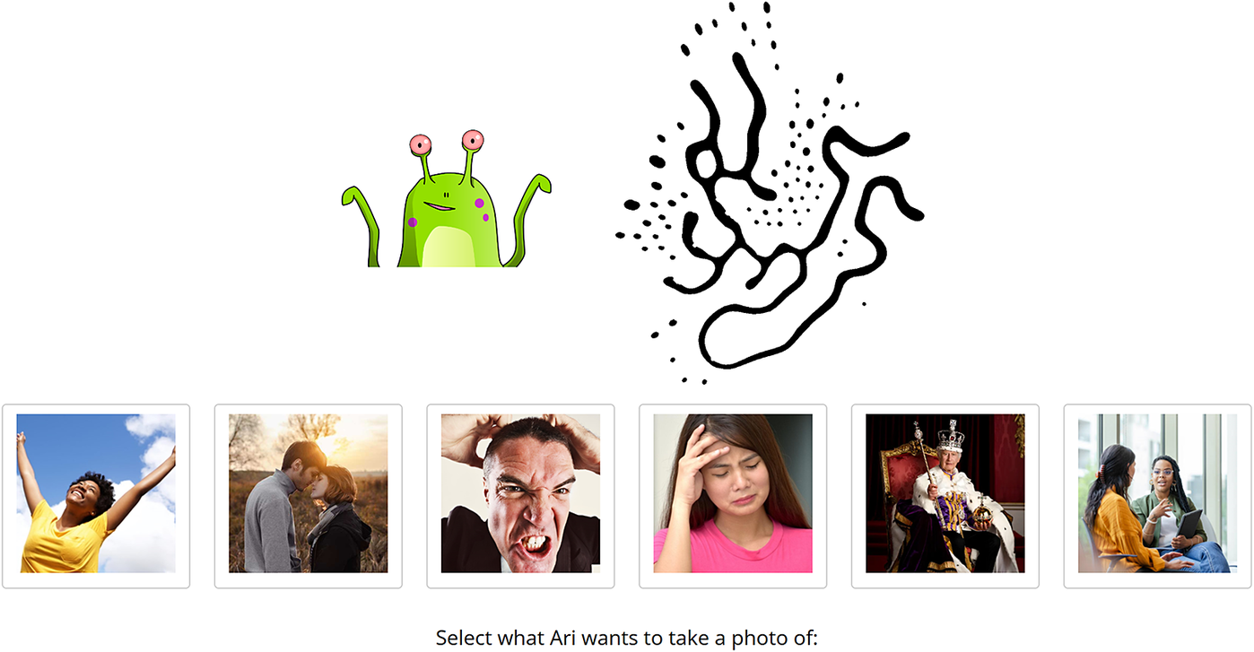 A selection interface with a cartoon alien and abstract lines above six photos of people in various activities. See long description.