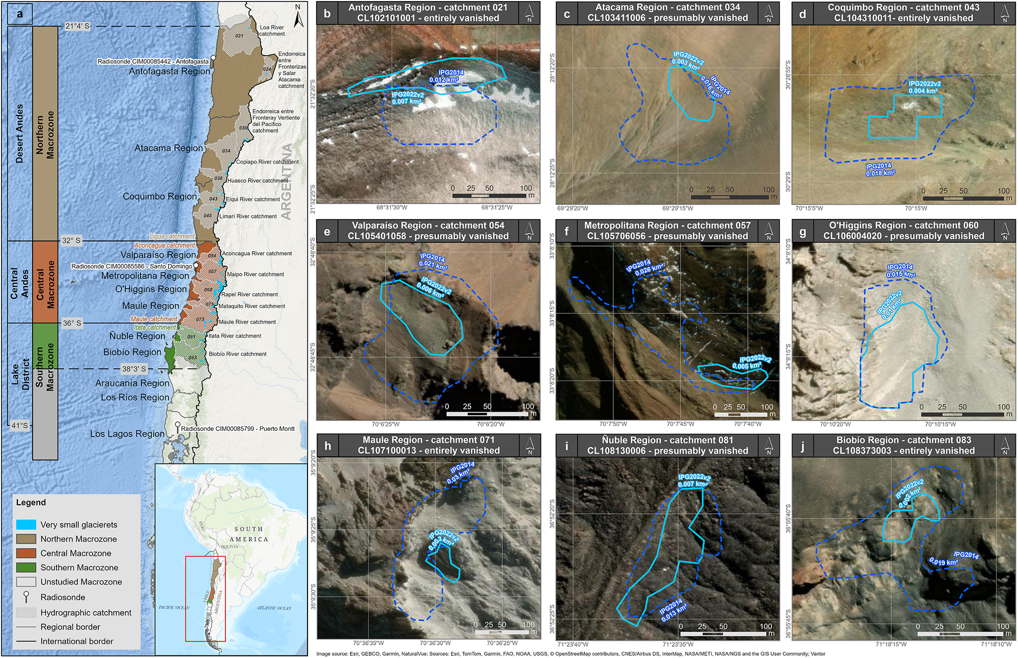 Map of Chile's regions and nine images showing vanished glacierets with outlines from 2014 and 2022. See long description.