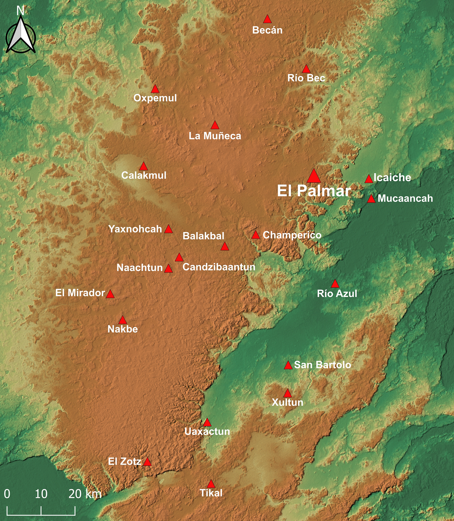 Map showing the Central Karstic Upland with locations of Maya sites including El Palmar, Calakmul and Tikal. See long description.