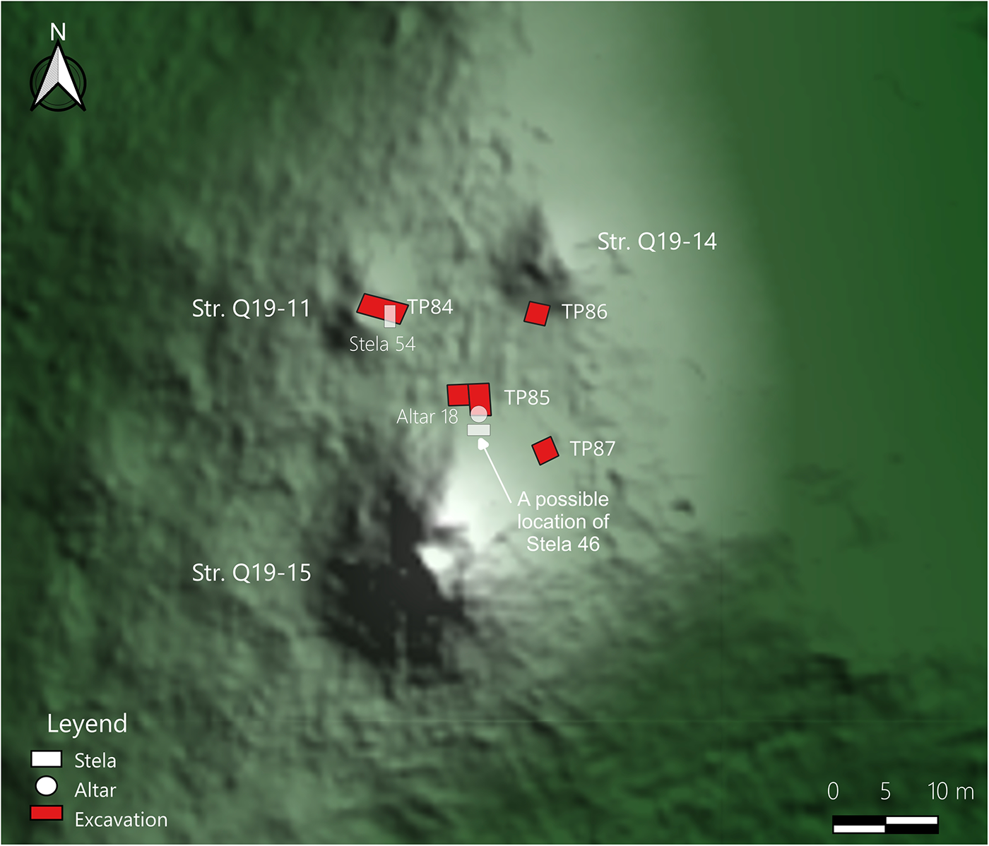 Map showing structures, stelae and excavation points in an archaeological site. See long description.
