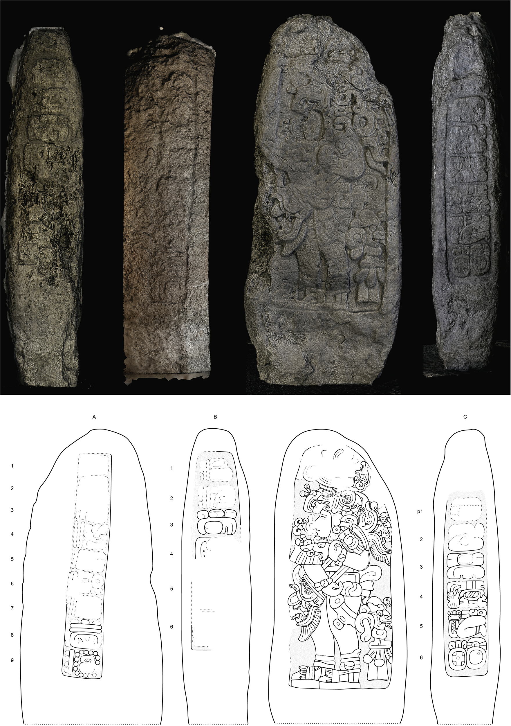 Four views of a stela with carvings and corresponding line drawings below. See long description.