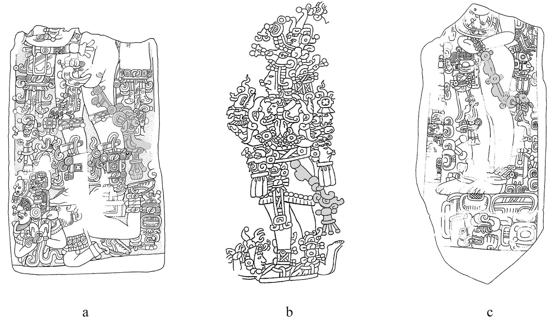 Three detailed illustrations of Early Classic monuments with intricate designs. See long description.