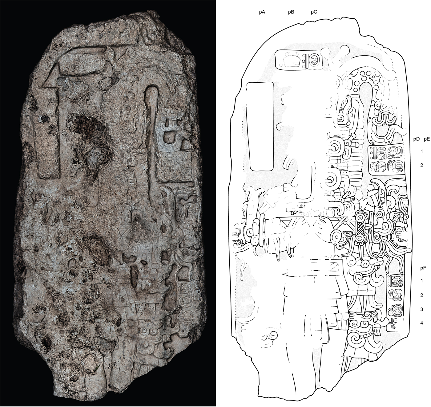 A stone stela with carvings and its epigraphic drawing showing inscriptions and iconographic images. See long description.