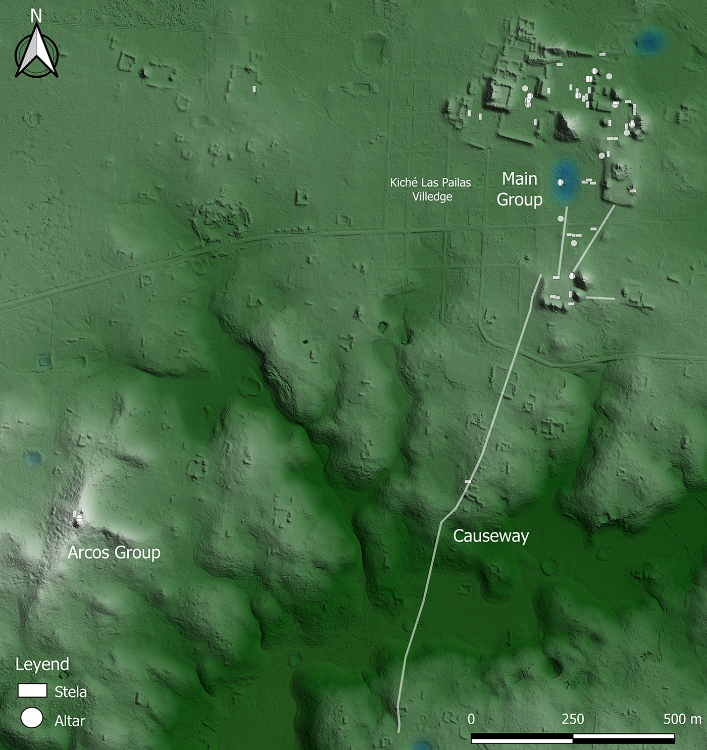 Map showing Main Group, Arcos Group and Causeway with labeled stelae and altars. See long description.