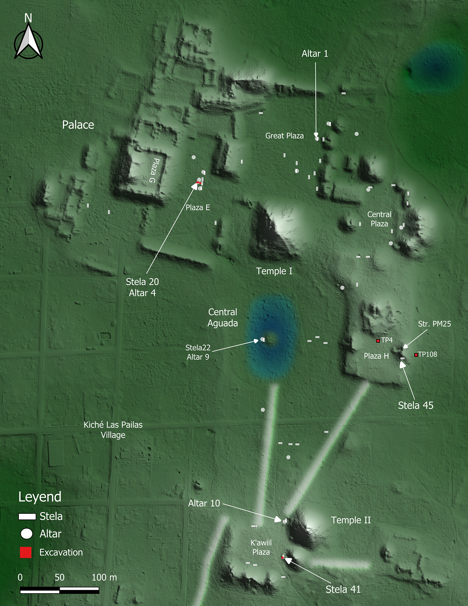 Map showing El Palmar's Main Group with locations of stelae, altars and excavations. Includes Palace, Temples I and II, plazas and Aguada Central. See long description.