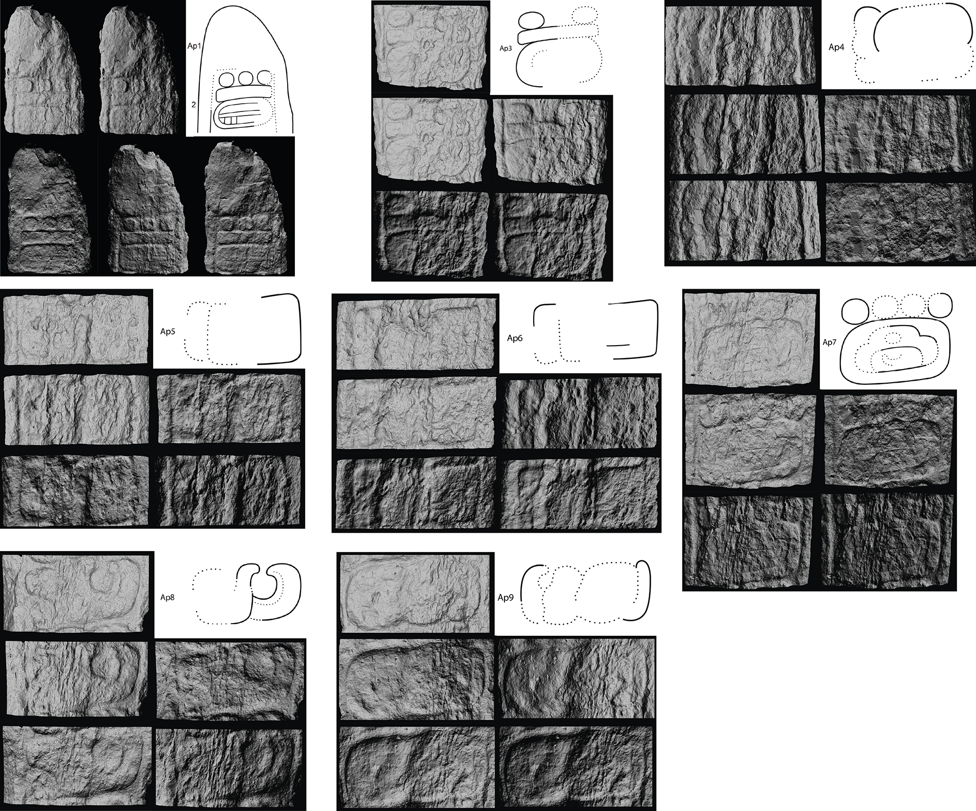 Images of carved glyphs on stone with accompanying line drawings. See long description.