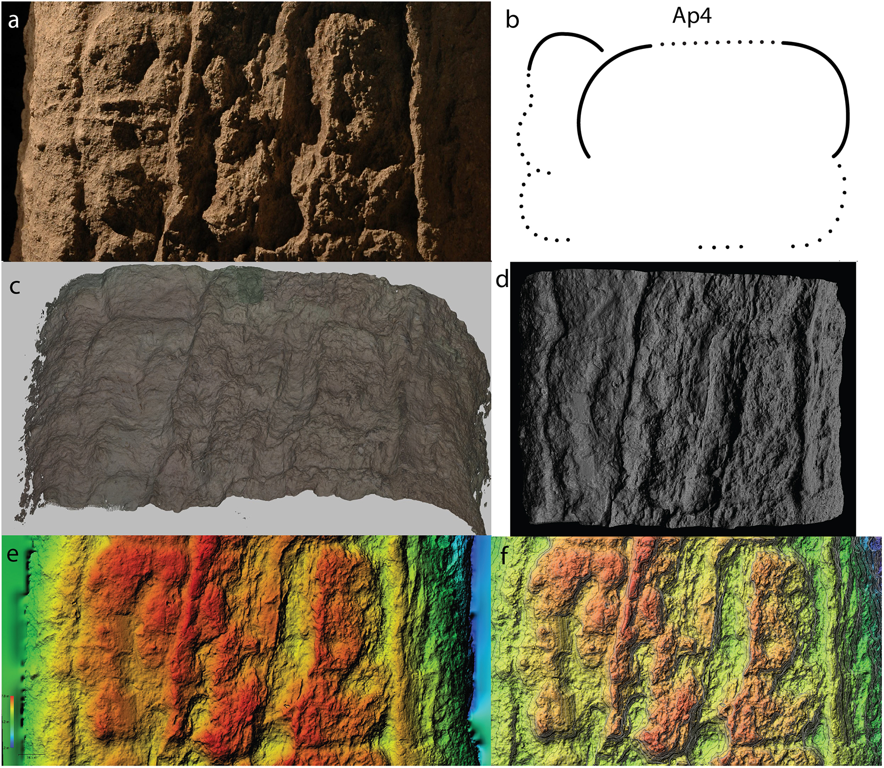 Six images showing different representations of glyph Ap4, including a photo, line drawing, 3D models and DEMs. See long description.