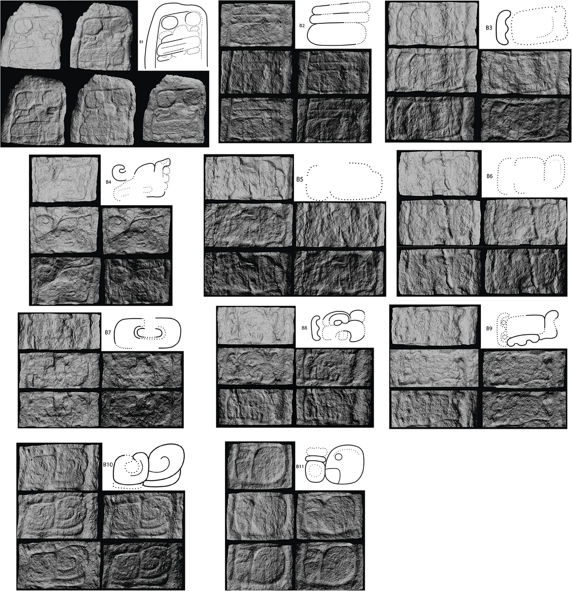 Nine panels showing carved glyphs with corresponding drawings, illustrating various glyph designs and their interpretations. See long description.