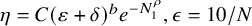eta equals upper C left parenthesis epsilon plus delta right parenthesis Superscript b Baseline e Superscript minus upper N 1 Super Superscript rho Superscript Baseline comma epsilon equals 10 divided by upper N