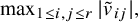 max Underscript 1 less than or equals i comma j less than or equals r Endscripts StartAbsoluteValue v overtilde Subscript i j Baseline EndAbsoluteValue comma