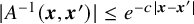 StartAbsoluteValue upper A Superscript negative 1 Baseline left parenthesis bold italic x comma bold italic x Superscript prime Baseline right parenthesis EndAbsoluteValue less than or equals e Superscript minus c StartAbsoluteValue bold italic x minus bold italic x Super Superscript prime Superscript EndAbsoluteValue