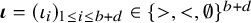 bold italic iota equals left parenthesis iota Subscript i Baseline right parenthesis Subscript 1 less than or equals i less than or equals b plus d Baseline element of left brace greater than comma less than comma normal empty set right brace Superscript b plus d