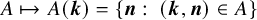 upper A right arrow from bar upper A left parenthesis bold italic k right parenthesis equals StartSet bold italic n colon left parenthesis bold italic k comma bold italic n right parenthesis element of upper A EndSet